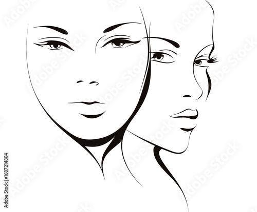 This artwork features a minimalist design of two female faces intertwined, highlighting features such as smooth skin, striking eyes, and graceful lines.