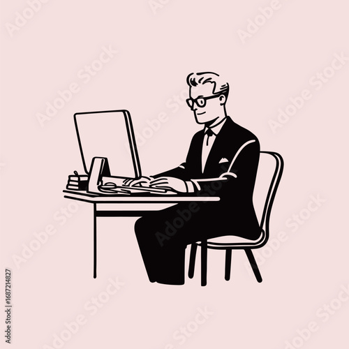 A man dressed in a formal suit sits confidently at a desk, focused on a computer screen. The setting suggests a contemporary office atmosphere with a simple, clean design.