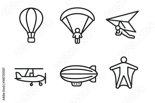 Collection of line icons depicting various aerial sports and activities