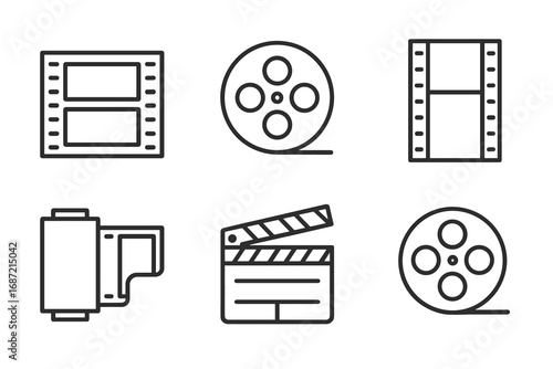 Film and cinema icons: clapperboard, film reel, movie strip illustrations