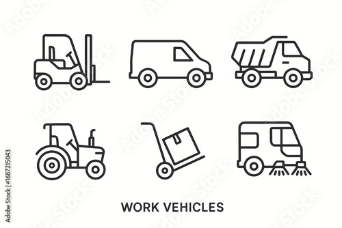 Outline icon set of work vehicles including forklift and dump truck