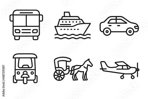 Vector icons of various transportation modes including bus, car, plane, boat, rickshaw, and horse cart