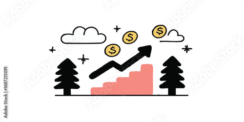 An upward trending financial graphic showcases growth, progress, and achievement, symbolized by rising bars, an ascending arrow, and monetary elements against a backdrop of simple nature elements.