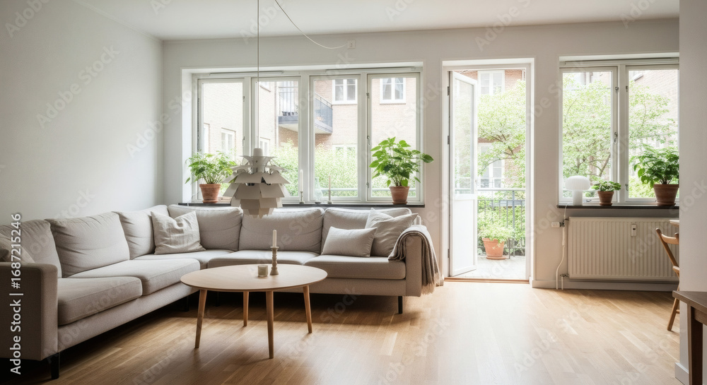 Fototapeta premium A bright, minimalist Scandinavian living room with light oak parquet, a large beige sectional sofa, and a iconic PH lamp. Large windows overlook a green courtyard, filling the space with natural light