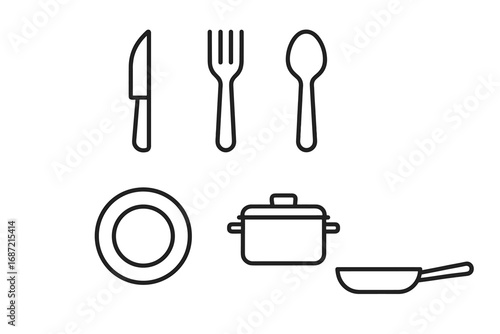 Black and white line icons of kitchen utensils including fork, knife, spoon, plate, pot, and frying pan