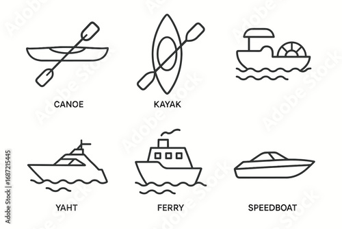 Outline icons of canoe, kayak, paddleboat, yacht, ferry, speedboat