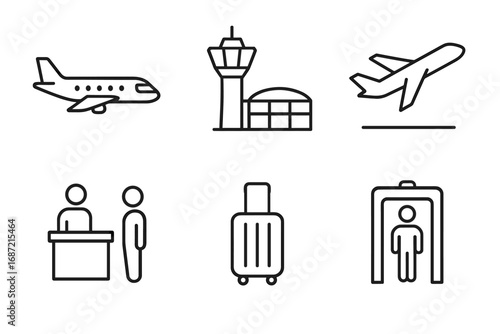 Airport icons: airplane, control tower, check-in counter, luggage, security gate