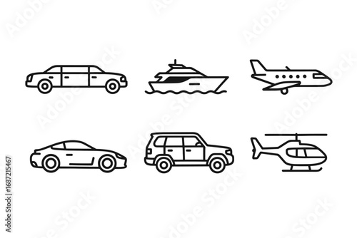Outline icons of cars, boat, plane, and helicopter illustrating various modes of transportation