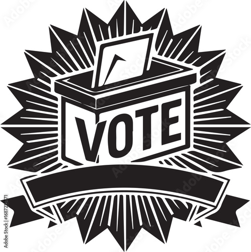 Black and white vector illustration of a ballot box with the word "VOTE" and a paper being inserted. Political and election-themed design suitable for campaigns, democracy awareness, posters, flyers, 
