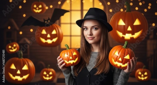 Woman in hat holding pumpkins celebrating halloween with spooky decor