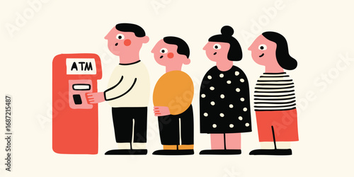 A line of diverse individuals patiently wait their turn at an ATM, symbolizing modern financial interactions and daily life routines. 