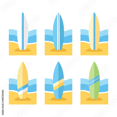 A collection of six colorful surfboard illustrations standing upright on a sandy beach with blue ocean waves.