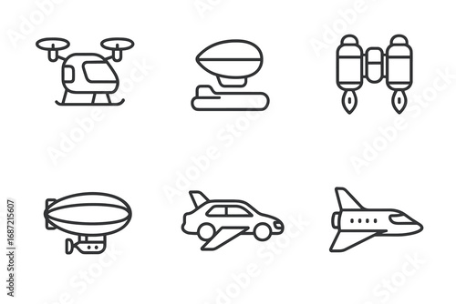 Aerial and space transport icons: drone, airship, jetpack, blimp, flying car, space shuttle