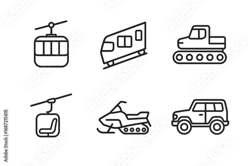 Black and white icon set of vehicles: cable car, rv, tank, ski lift, snowmobile, suv