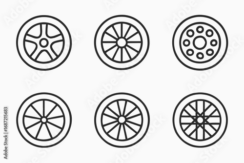 Set of six stylized wheel designs in black and white