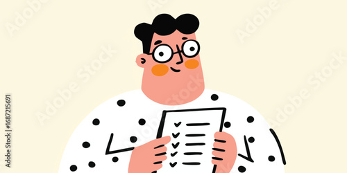 An illustration captures a cartoon character holding a checklist, the image exudes positivity and productivity.