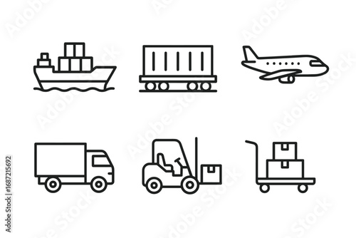 Logistics icons set: ship, train, plane, truck, forklift, cart for transport and delivery