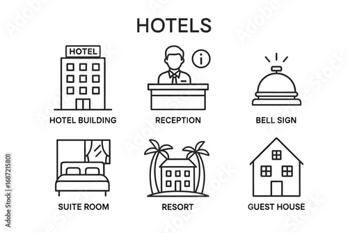 Hotel icons: building, reception, bell sign, suite room, resort, guest house