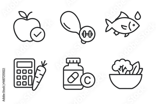 Healthy lifestyle icons: nutrition, exercise, vitamins, and meal planning