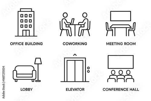 Office building icons: coworking, meeting room, lobby, elevator, conference hall