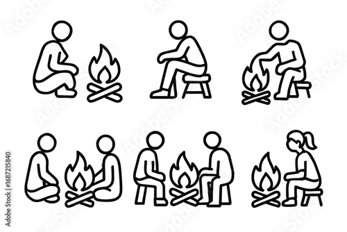 Stick figures enjoy campfire activities with various poses