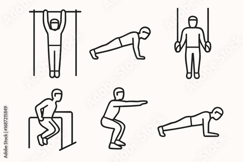 Line art illustrations of exercise variations: calisthenics and gymnastics movements