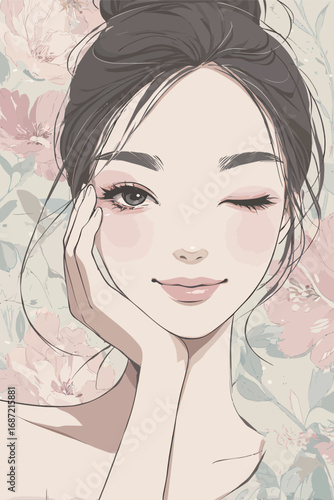 A young woman smiles playfully while winking and resting her hand on her cheek. The soft floral background enhances her natural beauty, creating a serene atmosphere.