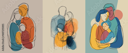 Three abstract artworks showcase family bonds through minimalist line art.