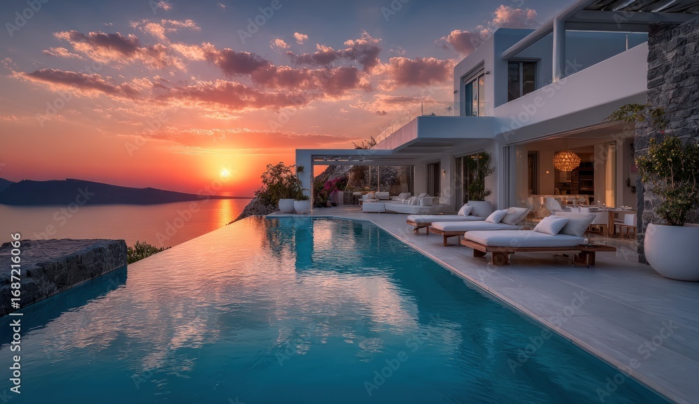 Fototapeta premium Sunset over infinity pool villa
