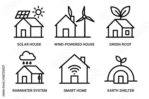 Eco-friendly homes: solar, wind, green roof, rainwater, smart house, earth shelter symbols