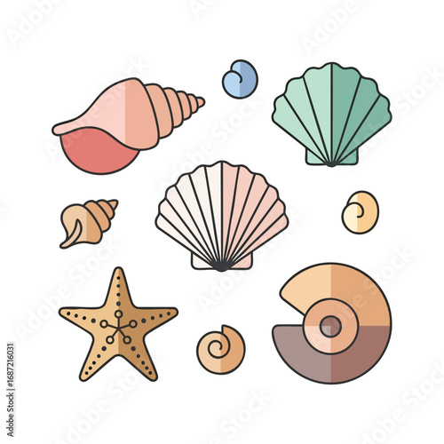 A colorful collection of stylized cartoon seashells including a scallop conch and starfish with bold outlines.