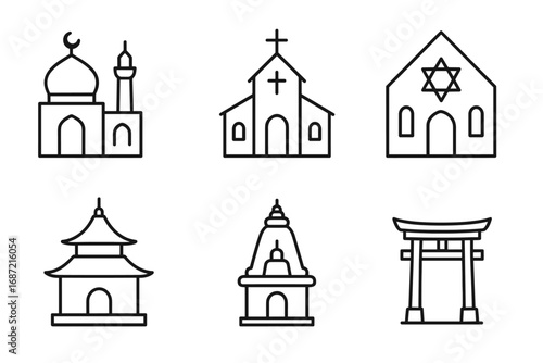 Line art of religious buildings: mosque, church, synagogue, pagoda, temple, torii gate