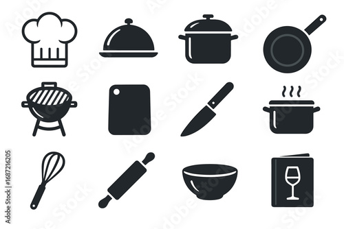 Collection of kitchen utensil icons: chef hat, pot, knife, grill, cutting board