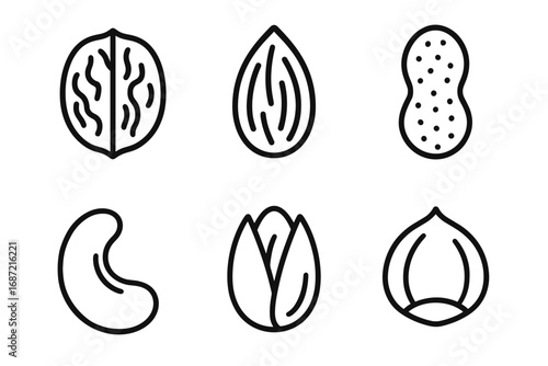 Outline illustrations of six different nut varieties: walnut, almond, peanut, cashew, pistachio, hazelnut