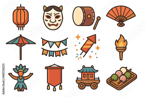Traditional asian cultural symbols: lantern, mask, drum, umbrella, banners, firework, fan