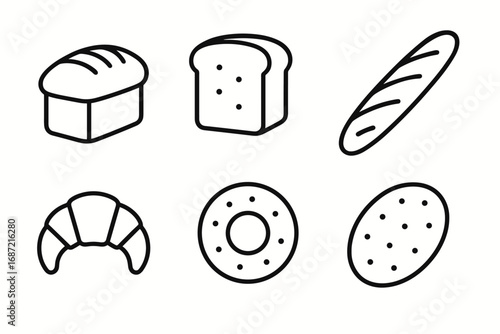 Outline icons of various bread types: loaf, slice, baguette, croissant, bagel, biscuit