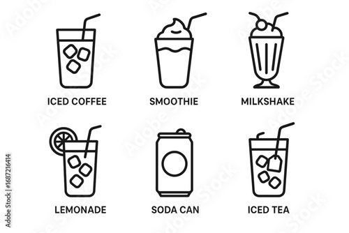 Assorted beverage icons: iced coffee, smoothie, milkshake, lemonade, soda can, iced tea