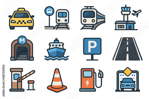 Transport and travel icons: taxi, train, airport, metro, ship, parking, road, toll, gas station, car wash
