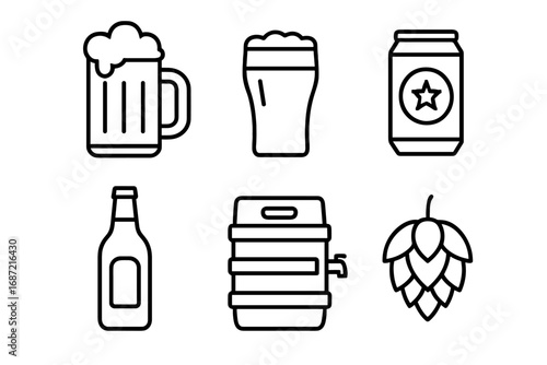 Collection of beer icons featuring mug, pint glass, can, bottle, keg, and hop outline designs