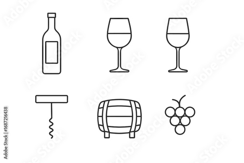 Wine icons: bottle, glass, corkscrew, barrel, grapes in simplistic line art