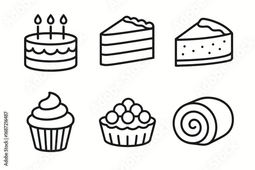 Outline of various cakes and desserts including cupcakes and swiss rolls