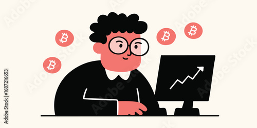 An illustration of a professional trader is deeply engrossed in analyzing cryptocurrency market trends. with financial growth is depicted.