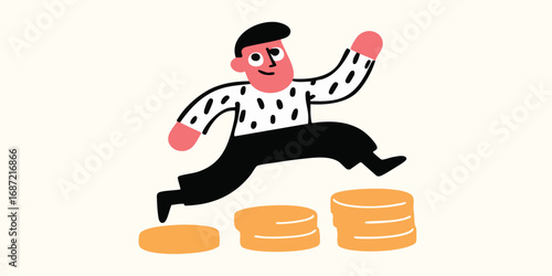 A determined individual strides purposefully upward, conquering financial steps with unwavering resolve, demonstrating ambition and economic growth. 