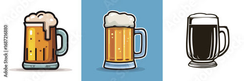 Three distinct beer mugs are displayed, each representing a different type of beer. The first is a light beer with foam, the second is a golden lager, and the third shows a dark beverage.
