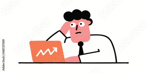 A professional man ponders over the progress of a business, represented by a rising graph on his laptop screen, conveying a sense of thoughtful deliberation and analysis.