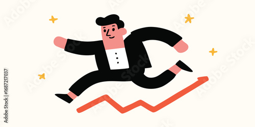 A dynamic illustration of a determined entrepreneur swiftly ascending a rising trend graph, symbolizing relentless ambition and unwavering pursuit of success, with a touch of creativity and energy.