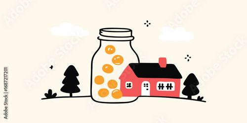An illustration depicts a jar filled with golden coins beside a cozy home. It symbolizes financial security and the achievement of the home ownership.
