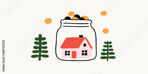 An illustration showcases a home nestled securely within a glass jar, representing concepts of security, saving, and homeownership.