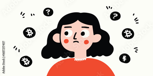 A young woman is surrounded by Bitcoin symbols and question marks, a visual metaphor for confusion and uncertainty in the world of cryptocurrency.