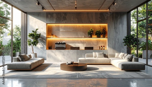 Wallpaper Mural Modern living room showcasing minimalist furniture and concrete walls with warm lighting in spacious home interior, creating a serene and contemporary atmosphere. Torontodigital.ca